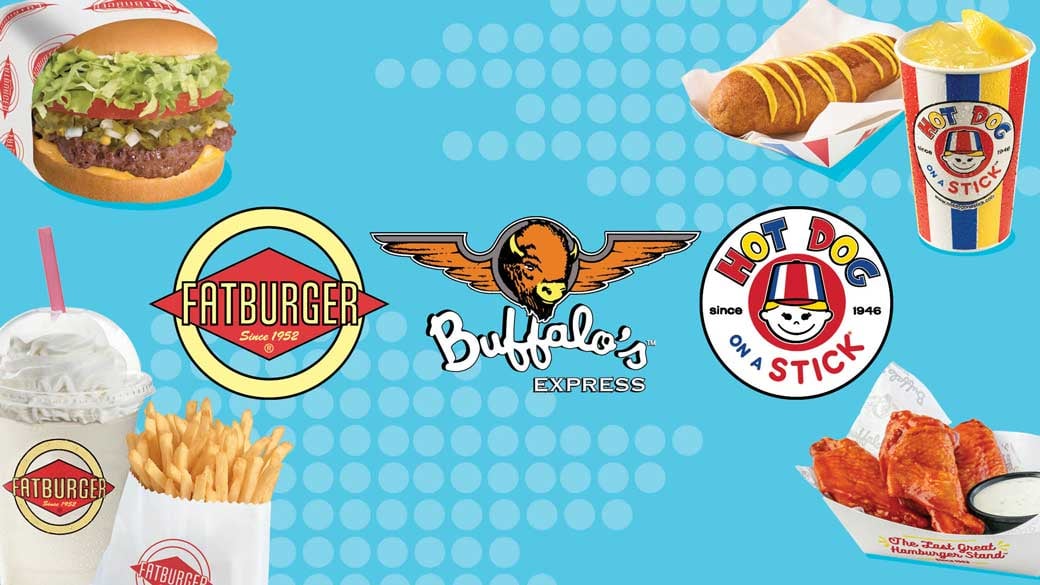 logo of fat burger, buffalo express and hot dog on a stick