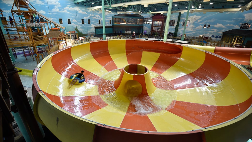 An aerial view of the open waterslide and surrounding park 