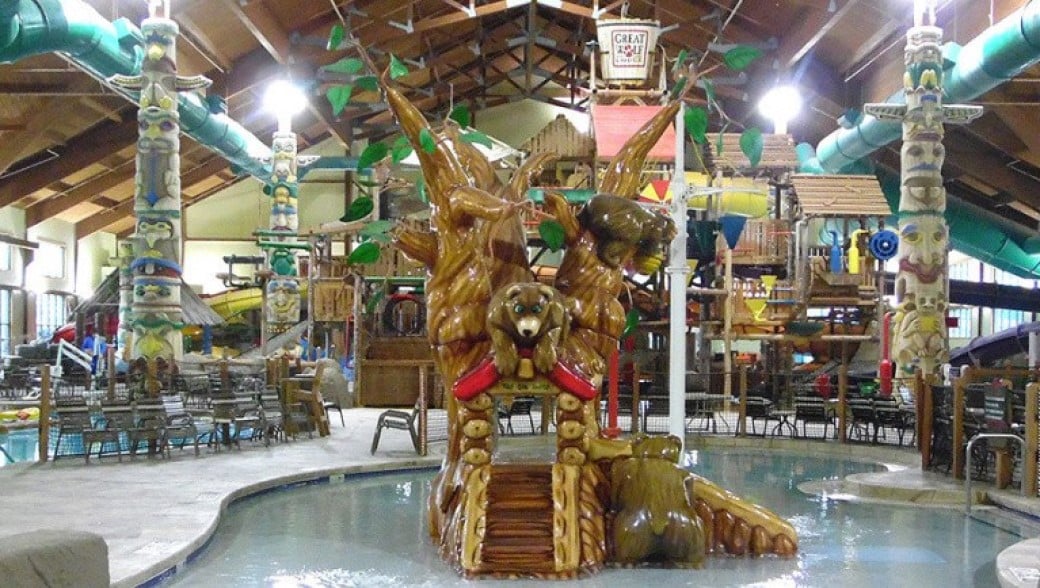 The indoor oak tree feature in a pool 