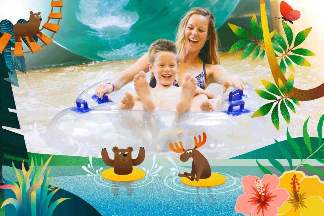 Mother and son go down the lazy river on a float.