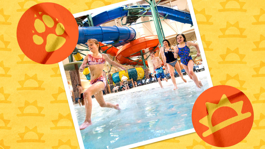 Kids running toward a wave pool at Great Wolf Lodge.