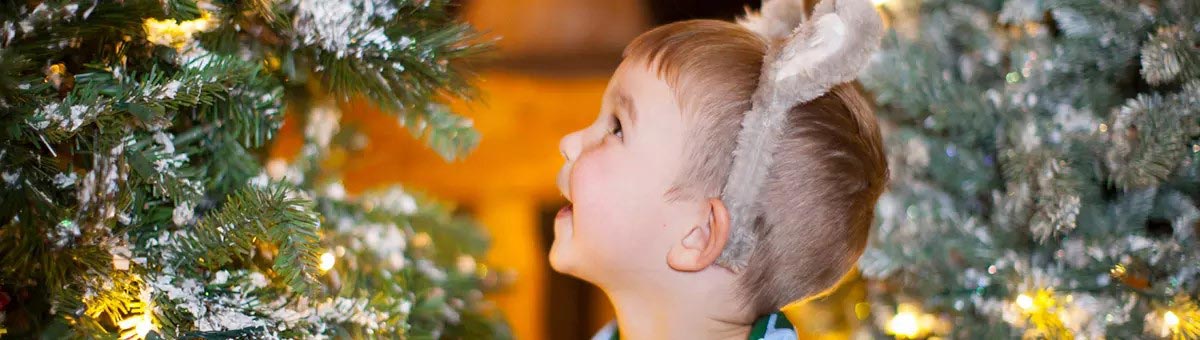 A boy wearing wolf ears looks up at trees decorated for the holidays