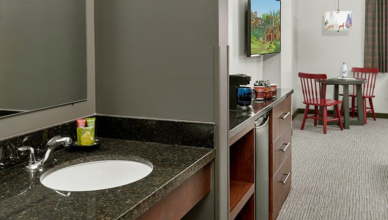 The sink area in the Family Wolf Den Suite