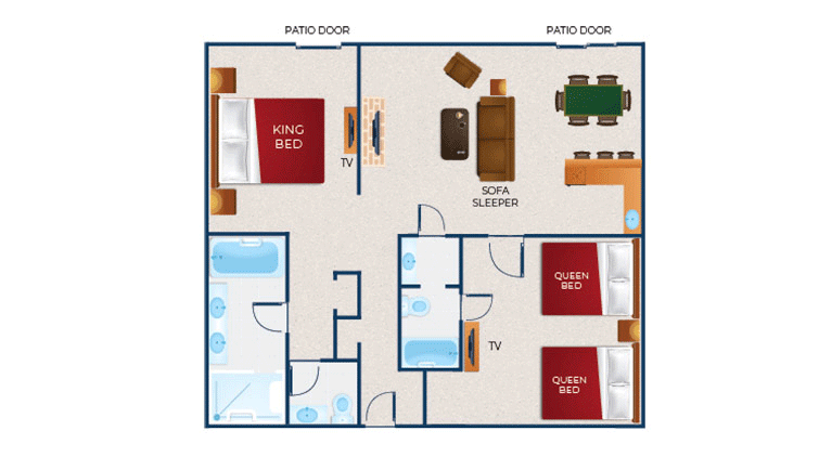 The floor plan for the Deluxe Grizzly Bear Suite (balcony/patio)