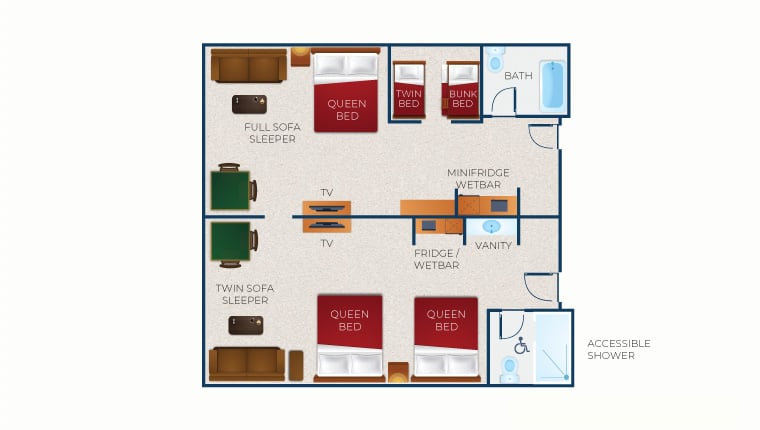 The floorplan of the Deluxe Queen KidCabin Suite Accessible Bathtub