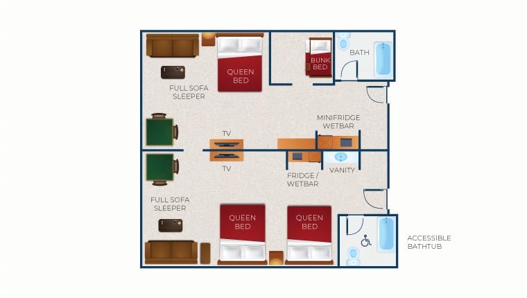 The floorplan of the Deluxe KidCabin Suite Accessible Bathtub