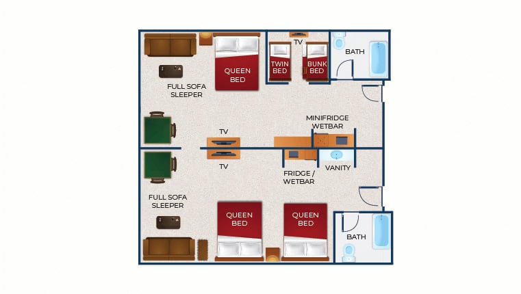 The floor plan for the Accessible Deluxe KidCabin Suite