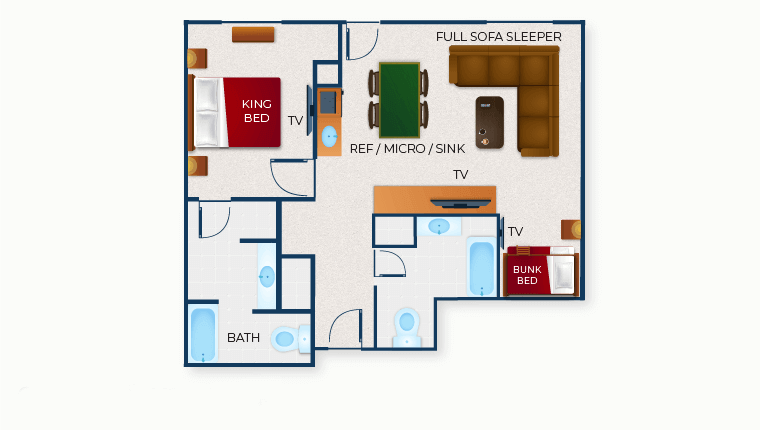 The floor plan for the Deluxe Majestic Bunk Bed Suite (Balcony/Patio)