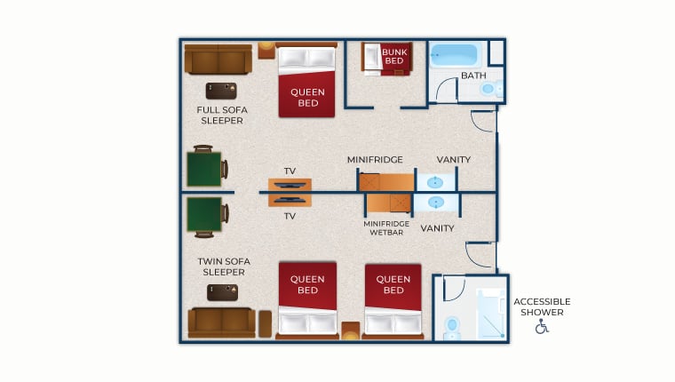 The floorplan for the Deluxe Wolf Den Suite Accessible Shower