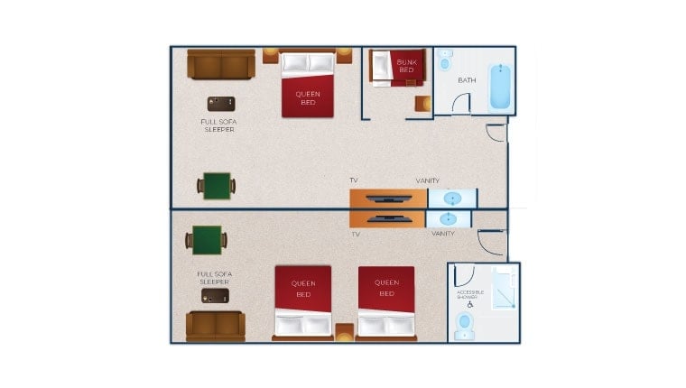 The floorplan for the acceessible shower Deluxe Wolf Den Suite