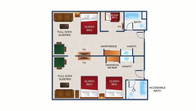 The floorplan for the Accessible Shower Deluxe Wolf Den Suite