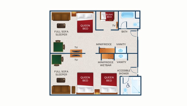 The floor plan for the Accessible Shower Deluxe Wolf Den Suite