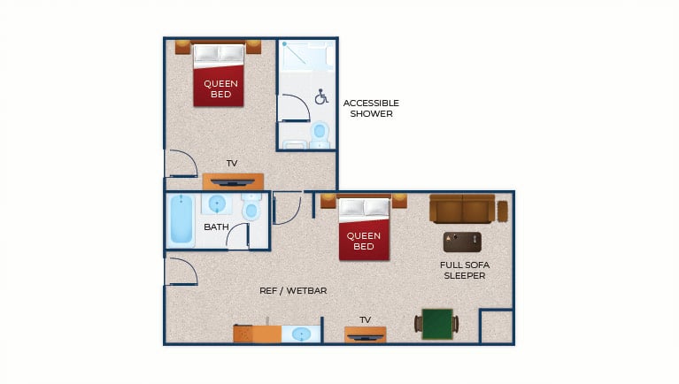 The floor plan for the Accessible Shower Grand Royal Bear Suite (Balcony/patio)