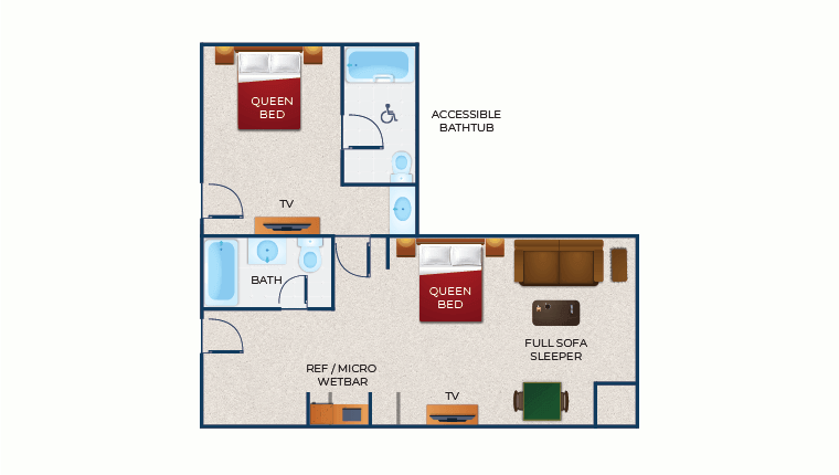 The floor plan for the Accessible Grand Royal Bear Suite