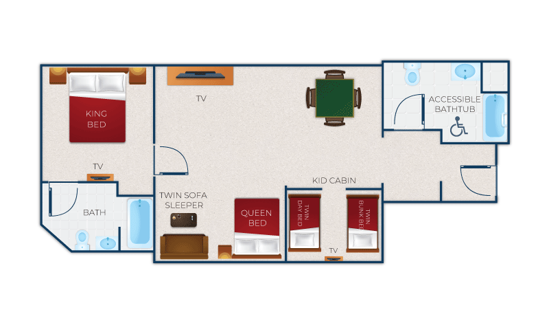 The floor plan for the Grand Royal KidCabin Suite (Accessible Bathtub)