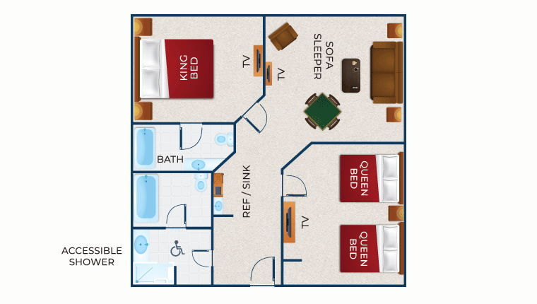 The floor plan for the Accessible Shower Grizzly Bear Suite