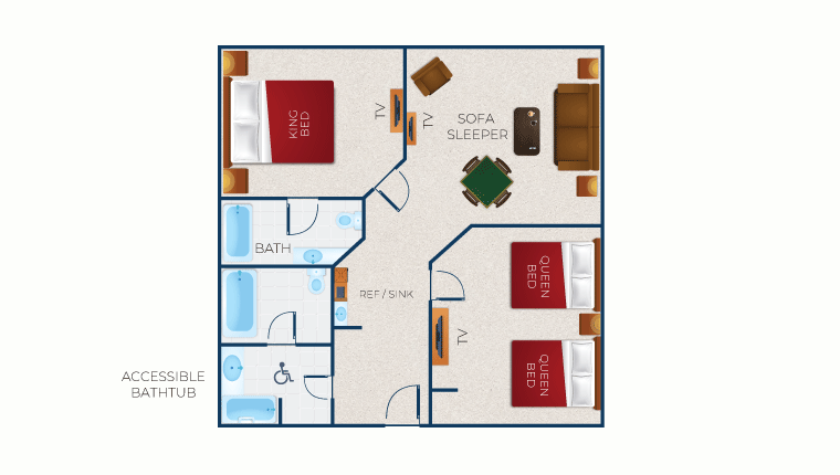 The floor plan for the Accessible Bathtub Grizzly Bear Suite