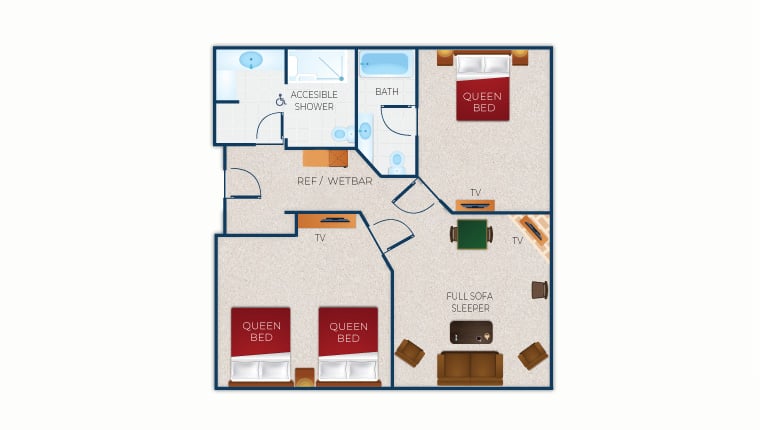 The floor plan for the Accessible Grizzly Bear Suite