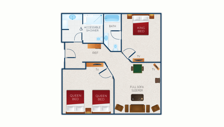 The floorplan of the Accessible Bathtub Grizzly Bear Suite