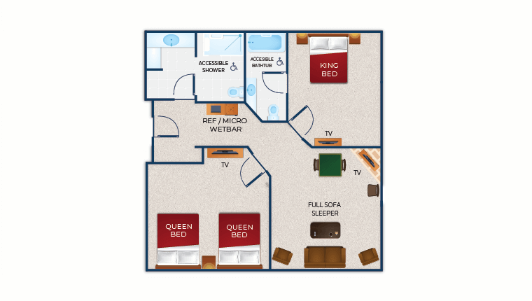 The floor plan for the Accessible Shower & Bathtub Grizzly Bear Suite 