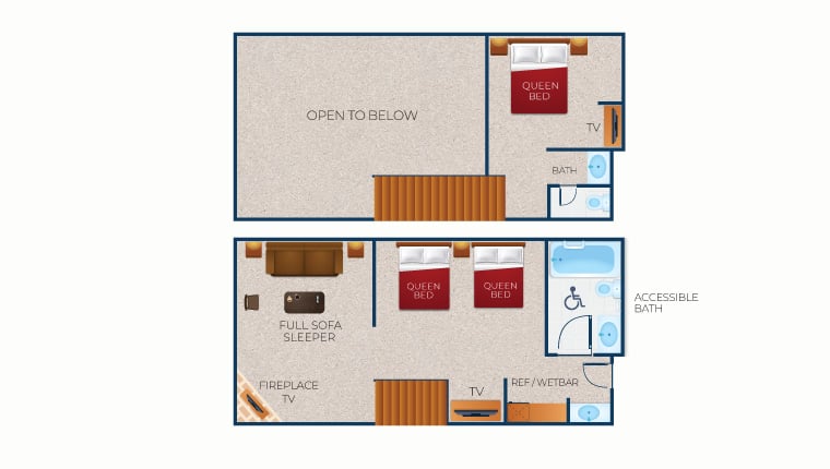 The floor plan for the Loft Fireplace Suite (Balcony/Patio)