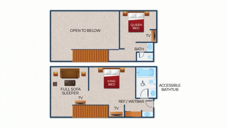 The floor plan for the Accessible Bathtub Loft King Suite