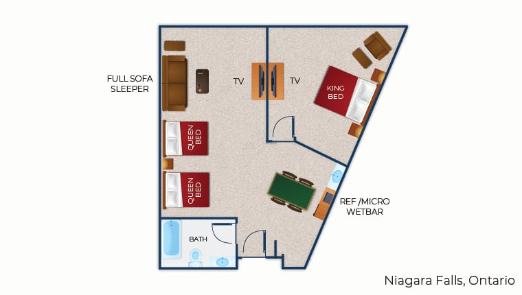 The floorplan for the Majestic Bear Suite at Great Wolf Lodge Niagara Falls, ON.