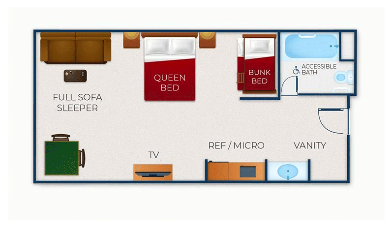 The floorplan of Deluxe Bunk Bed Accessible Bathtub Suite