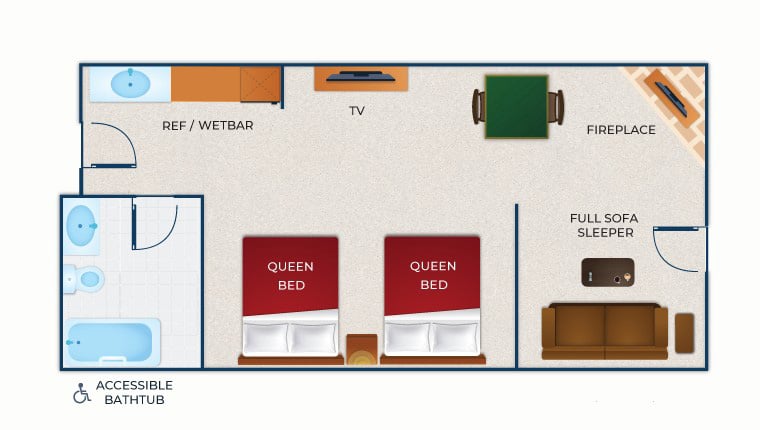 The floor plan for the Family Fireplace Suite (Accessible Bathtub)