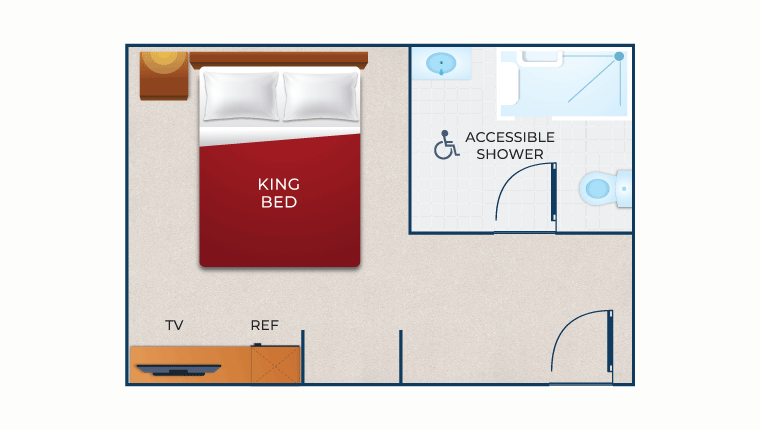 The floor plan for the King Suite (Accessible Shower)