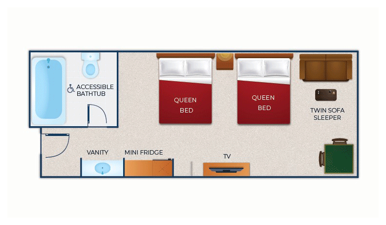 The floorplan of Deluxe Queen Suite Accessible Bathtub