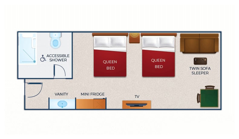 The floor plan for the Accessible Shower Deluxe Queen Suite