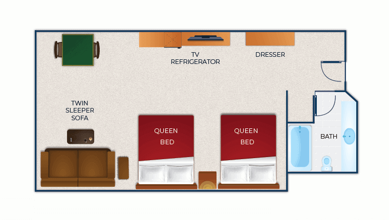 The floor plan for the Deluxe Queen Suite