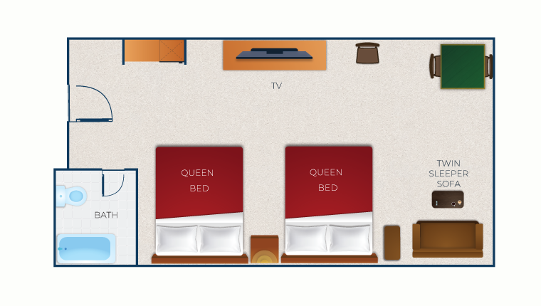 The floor plan for the Deluxe Queen Suite