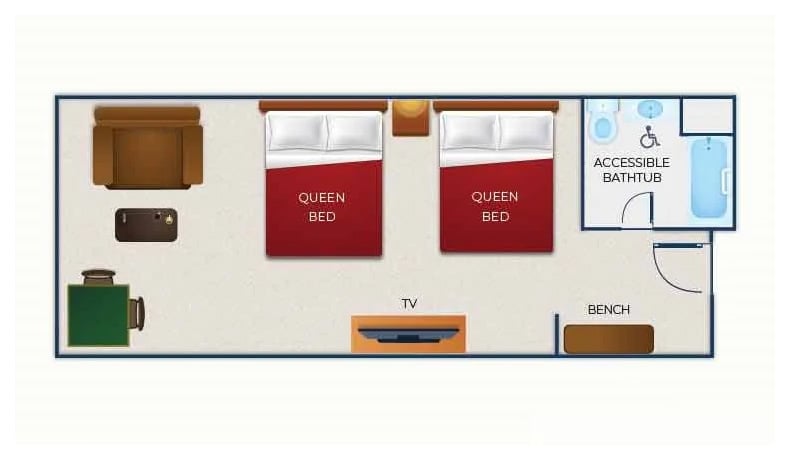 The floor plan for the Accessible Bathtub Deluxe Queen Suite