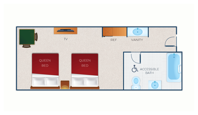 The floor plan for the Double Queen Suite (Accessible Bathtub)