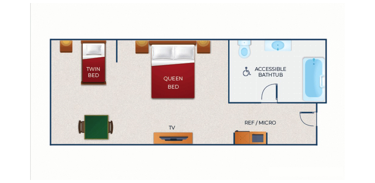 The floor plan for the Queen Daybed Suite (Accessible Bathtub)