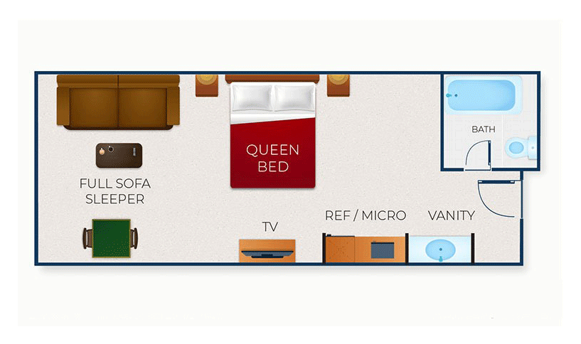 The floor plan for the Queen Sofa Suite (Standard)