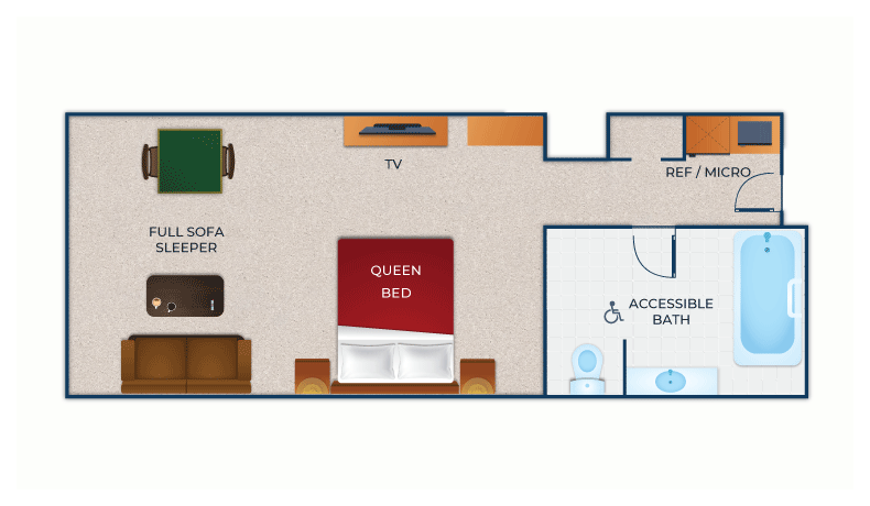 The floor plan for the Accessible Bathtub Queen Sofa Suite