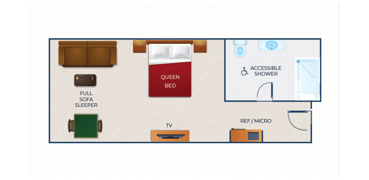 The floor plan for the Queen Sofa Suite (Accessible Shower)