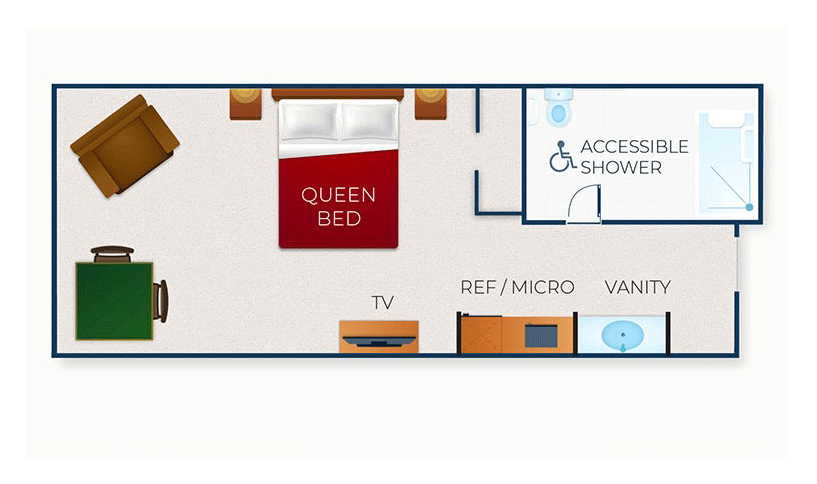 The floor plan for the Accessible Shower Queen Suite