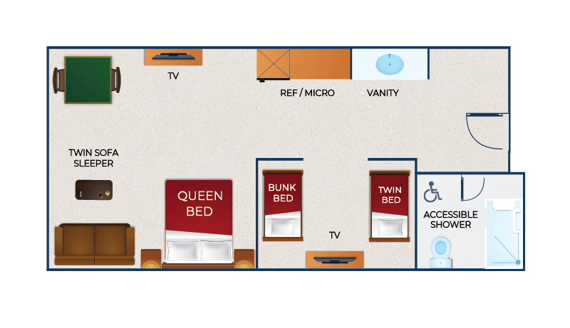 The floor plan for the Accessible Bathtub Junior Cabin Suite