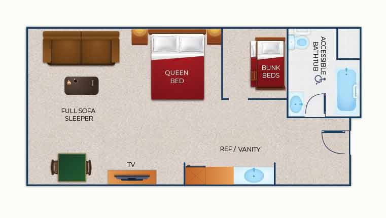 The floor plan for the accessible bathtub KidCabin Suite