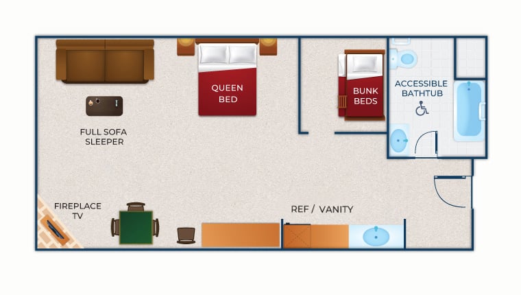 The floor plan for the KidCabin Suite (Accessible bathtub)