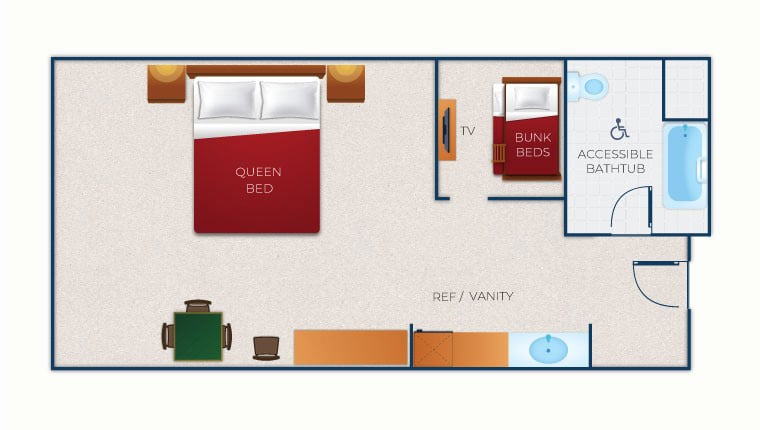 The floor plan for the KidCabin Suite (Accessible bathtub)