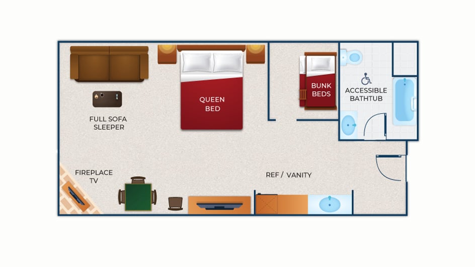 The floor plan for the Accessible Bathtub KidCabin Suite