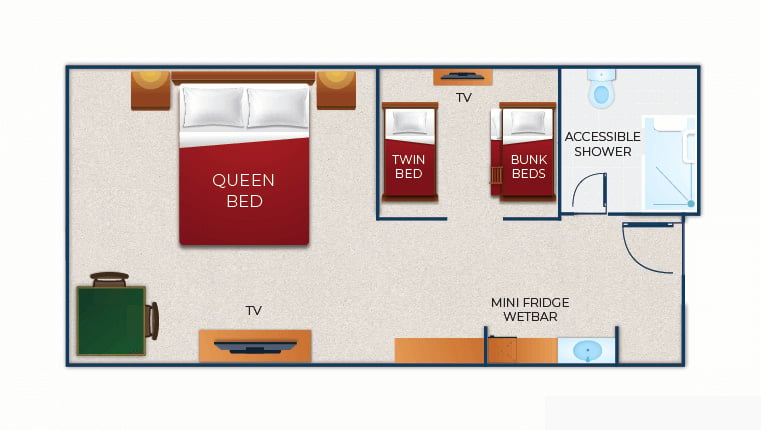 The floor plan for the Accessible Shower KidCabin Suite