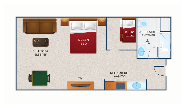 The floor plan in the Accessible Shower KidCabin Suite