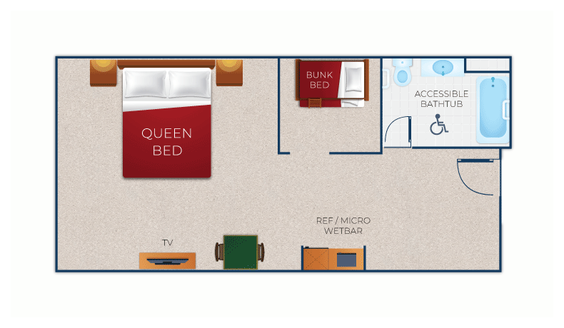 The floor plan for the Accessible Bathtub KidKamp Suite