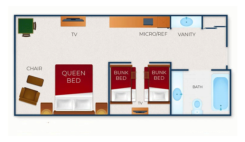 The floor plan for the Queen Cabin Suite Waterpark Balcony